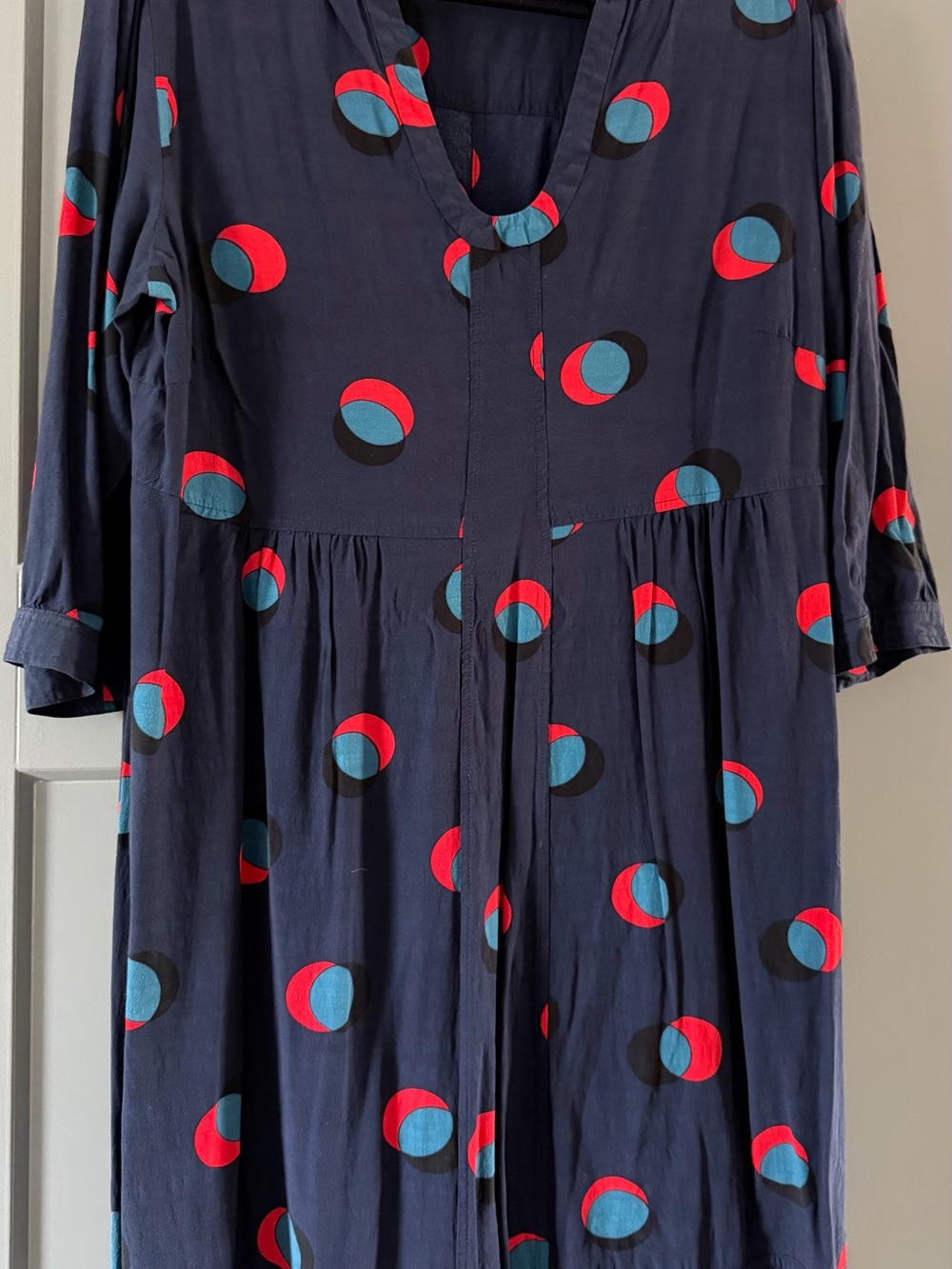Boden Navy Long-Sleeve Dress with Red & Teal Dot Pattern